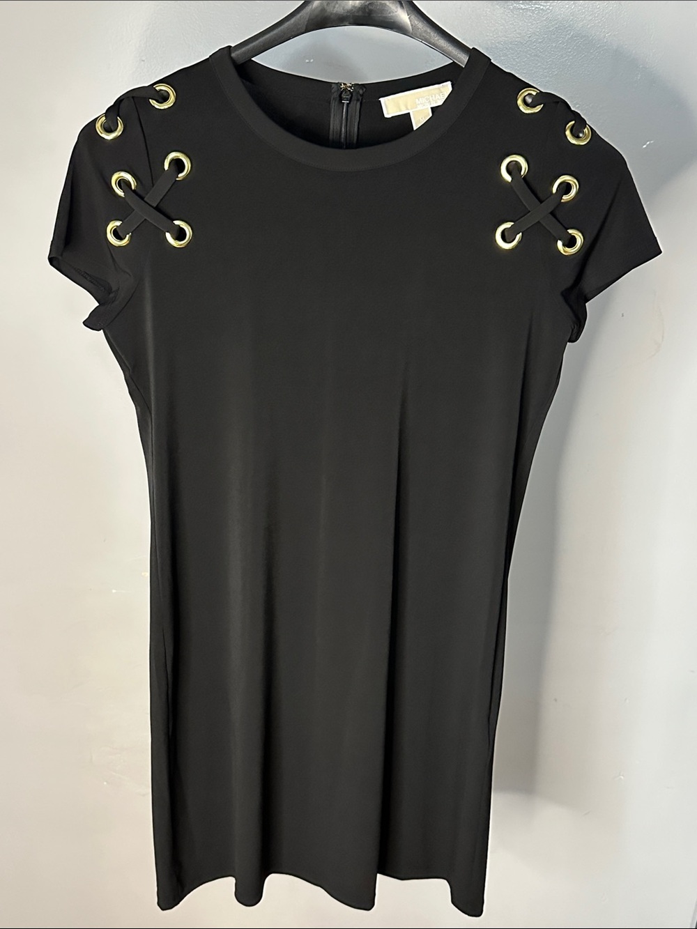 Michael Kors Black Mini Dress with Gold Grommet Details